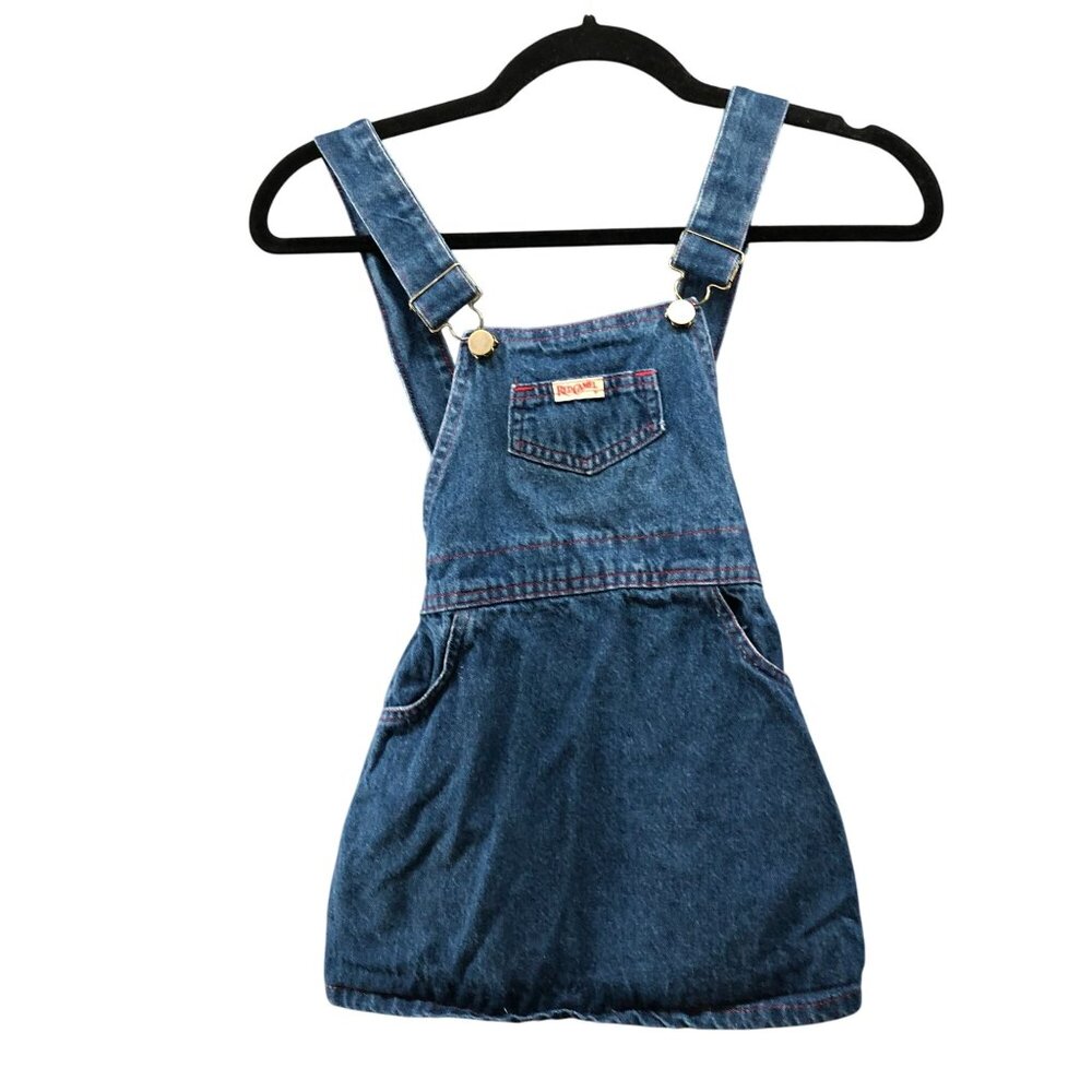 Vintage Girls Size 5-6 Denim Overall Dress Blue Adjustable A-Line Cotton 90s